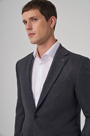  Erkek Lacivert Dokuma Desenli Dynamic Fit Mono Yaka Ceket