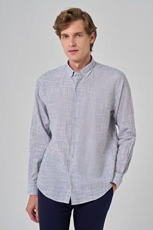  Erkek Gri Pamuk Trend Çizgili  Dynamic Fit Düğmeli Yaka Gömlek