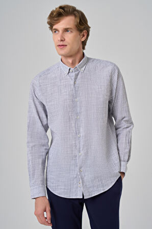  Erkek Gri Pamuk Trend Çizgili  Dynamic Fit Düğmeli Yaka Gömlek