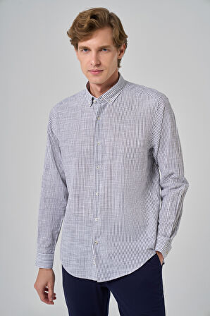  Erkek Gri Pamuk Trend Çizgili  Dynamic Fit Düğmeli Yaka Gömlek