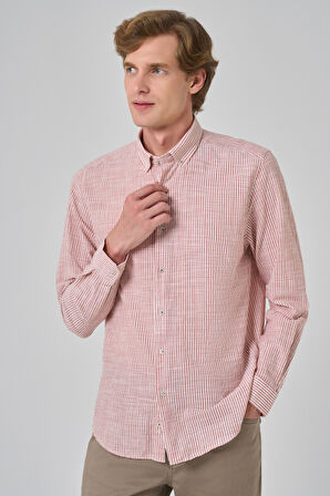  Erkek Turuncu Pamuk Trend Çizgili  Dynamic Fit Düğmeli Yaka Gömlek