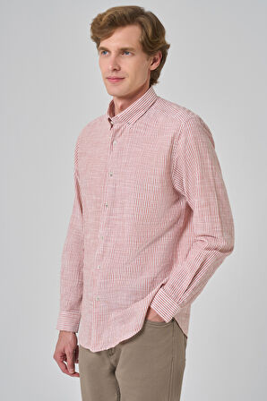  Erkek Turuncu Pamuk Trend Çizgili  Dynamic Fit Düğmeli Yaka Gömlek