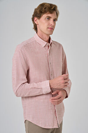  Erkek Turuncu Pamuk Trend Çizgili  Dynamic Fit Düğmeli Yaka Gömlek