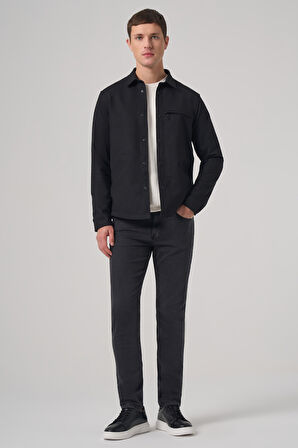  Erkek Siyah Poliviskon Trend Düz Dynamic Fit Worker Gömlek Ceket