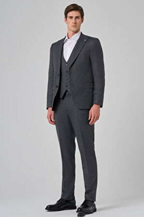  Erkek Antrasit Poliviskon Yelekli Trend Desenli Slim Fit Sivri Yaka Takım Elbise