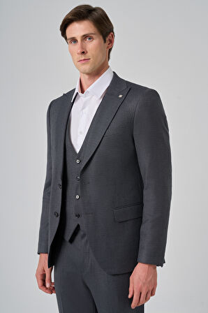  Erkek Antrasit Poliviskon Yelekli Trend Desenli Slim Fit Sivri Yaka Takım Elbise