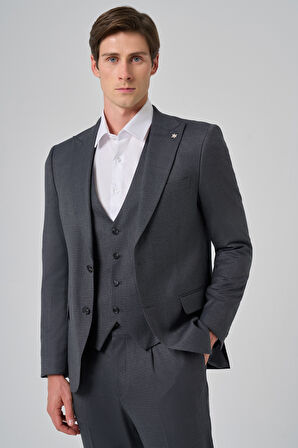  Erkek Antrasit Poliviskon Yelekli Trend Desenli Slim Fit Sivri Yaka Takım Elbise