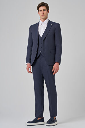  Erkek Lacivert Poliviskon Yelekli Trend Desenli Slim Fit Sivri Yaka Takım Elbise