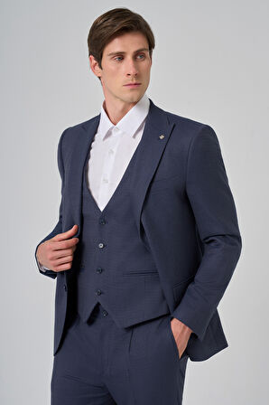  Erkek Lacivert Poliviskon Yelekli Trend Desenli Slim Fit Sivri Yaka Takım Elbise