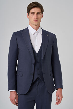 Erkek Lacivert Poliviskon Yelekli Trend Desenli Slim Fit Sivri Yaka Takım Elbise