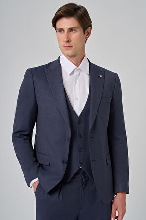  Erkek Lacivert Poliviskon Yelekli Trend Desenli Slim Fit Sivri Yaka Takım Elbise