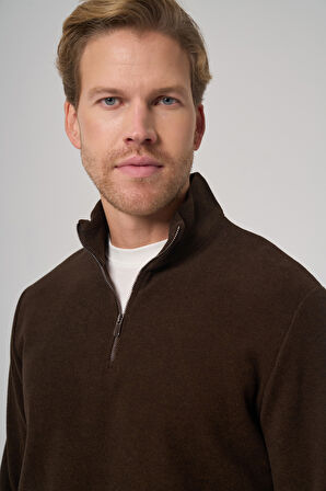  Erkek KAHVE Fermuarlı Bato Yaka Dynamic Fit Sweatshirt