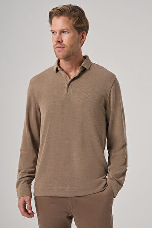  Erkek A-Kahverengi Trend Düğmeli Polo Yaka Sweatshirt
