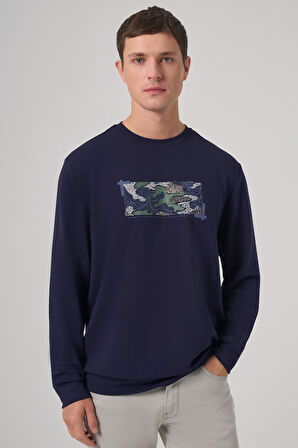  Erkek Lacivert Trend Baskılı Bisiklet Yaka Sweatshirt