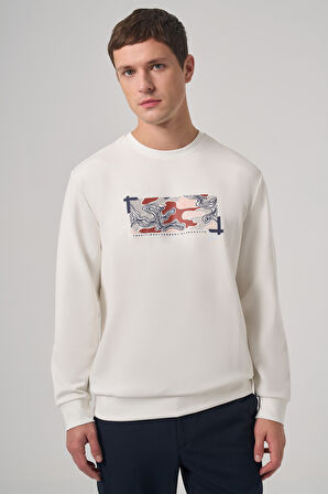  Erkek Ekru Trend Baskılı Bisiklet Yaka Sweatshirt
