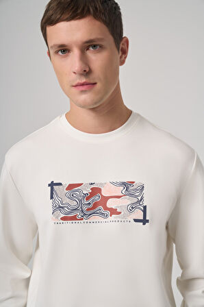  Erkek Ekru Trend Baskılı Bisiklet Yaka Sweatshirt