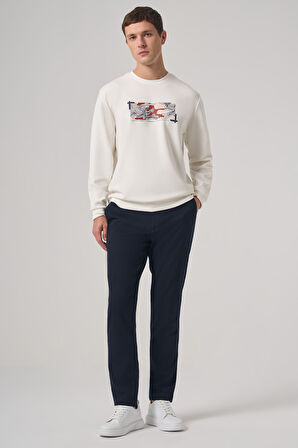  Erkek Ekru Trend Baskılı Bisiklet Yaka Sweatshirt