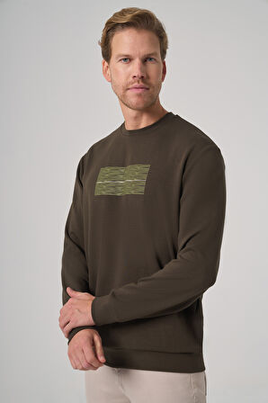  Erkek Haki Trend Baskılı Bisiklet Yaka Sweatshirt