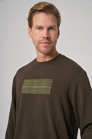  Erkek Haki Trend Baskılı Bisiklet Yaka Sweatshirt
