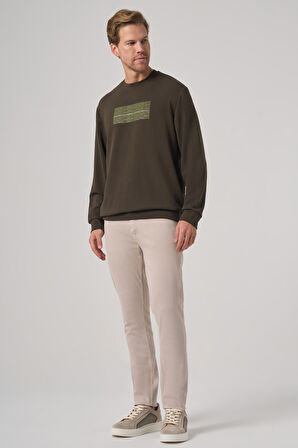  Erkek Haki Trend Baskılı Bisiklet Yaka Sweatshirt