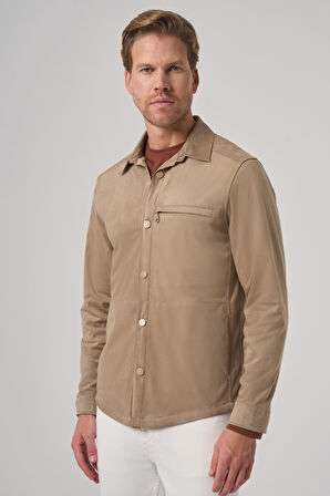  Erkek Vizon Polyester Trend Düz Dynamic Fit Berberi Yaka Gömlek Ceket