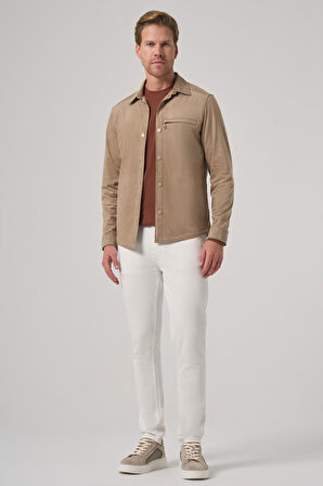  Erkek Vizon Polyester Trend Düz Dynamic Fit Berberi Yaka Gömlek Ceket