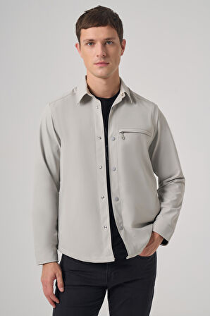 Erkek Gri Polyester Trend Düz Dynamic Fit Berberi Yaka Gömlek Ceket