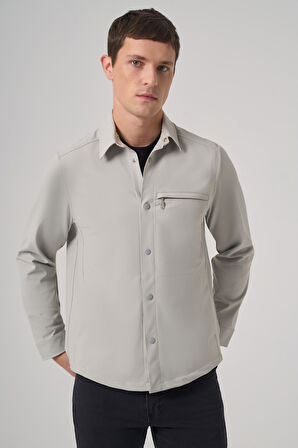  Erkek Gri Polyester Trend Düz Dynamic Fit Berberi Yaka Gömlek Ceket