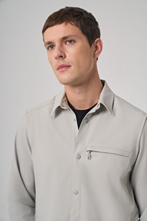  Erkek Gri Polyester Trend Düz Dynamic Fit Berberi Yaka Gömlek Ceket