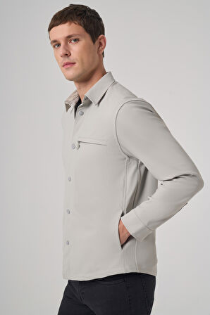  Erkek Gri Polyester Trend Düz Dynamic Fit Berberi Yaka Gömlek Ceket