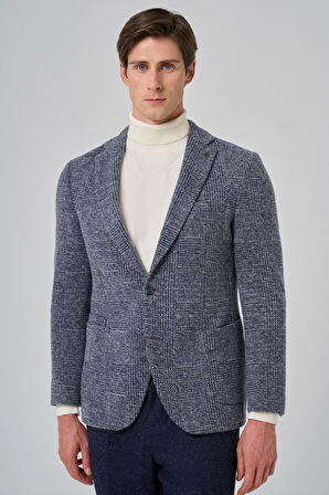 Erkek Marine Örme Trend Ekoseli Slim Fit Mono Yaka Ceket