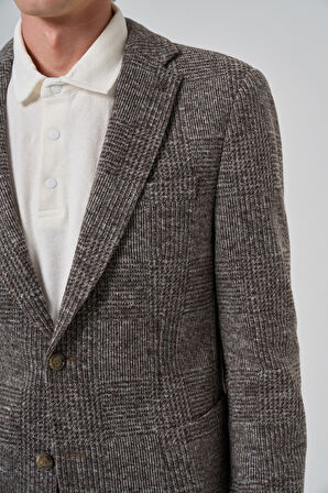  Erkek KAHVE Örme Trend Ekoseli Slim Fit Mono Yaka Ceket