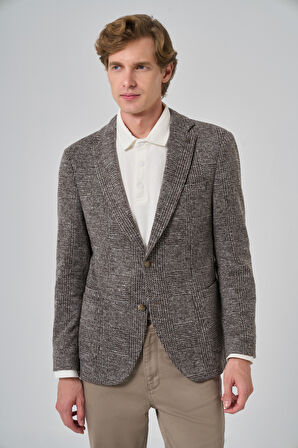  Erkek KAHVE Örme Trend Ekoseli Slim Fit Mono Yaka Ceket