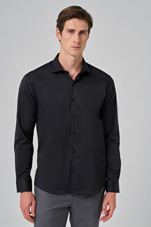 Erkek Siyah Basic Düz Desen İtalyan Yaka Slim Fit Gömlek