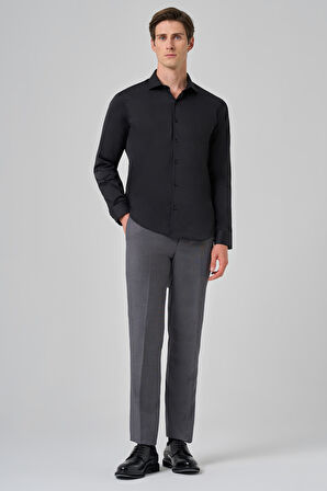  Erkek Siyah Basic Düz Desen İtalyan Yaka Slim Fit Gömlek