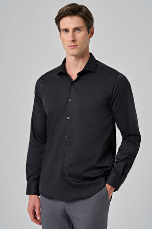  Erkek Siyah Basic Düz Desen İtalyan Yaka Slim Fit Gömlek