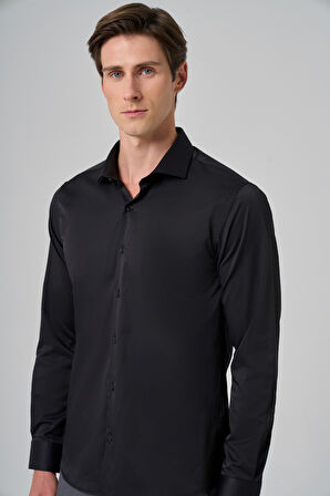  Erkek Siyah Basic Düz Desen İtalyan Yaka Slim Fit Gömlek
