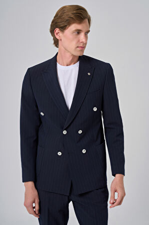  Erkek Lacivert Poliviskon Çizgili Spor Kruvaze Slim Fit Sivri Yaka Takım Elbise