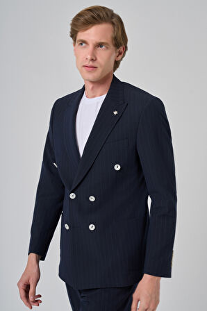  Erkek Lacivert Poliviskon Çizgili Spor Kruvaze Slim Fit Sivri Yaka Takım Elbise