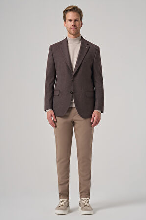  Erkek KAHVE Poliviskon Dokuma Desenli Dynamic Fit Mono Yaka Ceket