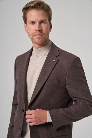  Erkek KAHVE Poliviskon Dokuma Desenli Dynamic Fit Mono Yaka Ceket