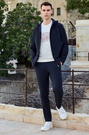  Erkek Lacivert Trend Çift Taraflı Kapüşonlu Mont