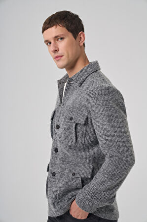  Erkek Siyah Trend Yünlü Dinamik Fit Gömlek Ceket