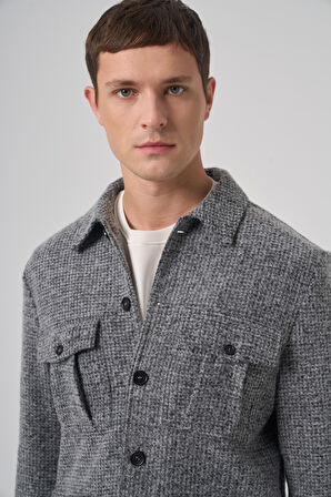  Erkek Siyah Trend Yünlü Dinamik Fit Gömlek Ceket