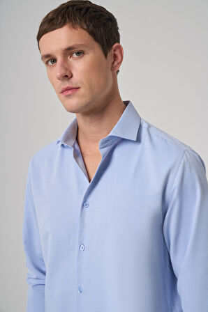  Erkek Mavi Polyester Trend Desenli Dynamic Fit İtalyan Yaka Gömlek