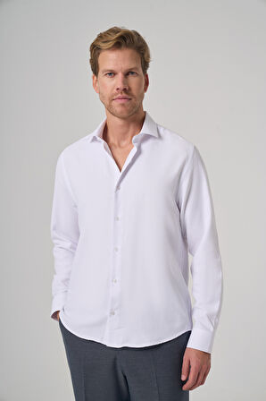  Erkek Beyaz Polyester Trend Desenli Dynamic Fit İtalyan Yaka Gömlek