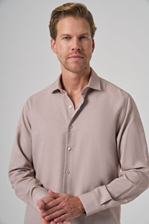  Erkek Bej Polyester Trend Desenli Dynamic Fit İtalyan Yaka Gömlek