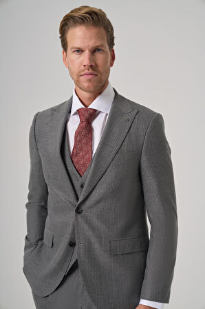  Erkek Gri Poliviskon Trend Çizgili Slim Fit Sivri Yaka Takım Elbise