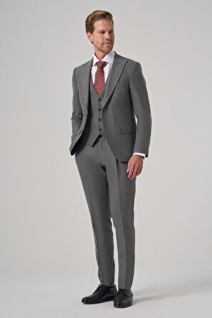  Erkek Gri Poliviskon Trend Çizgili Slim Fit Sivri Yaka Takım Elbise