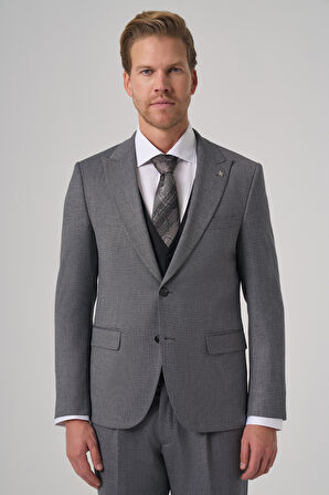  Erkek Siyah Poliviskon Trend Desenli Slim Fit Yelekli Kombinli Takım Elbise